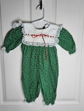 Vintage Bryan Romper green floral print lace-trimm Size 3-6 Months